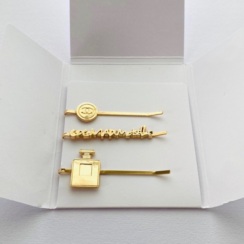 Brand New Authentic Chanel Gold Tone Metal Hair Bobby Pins (set of 3)